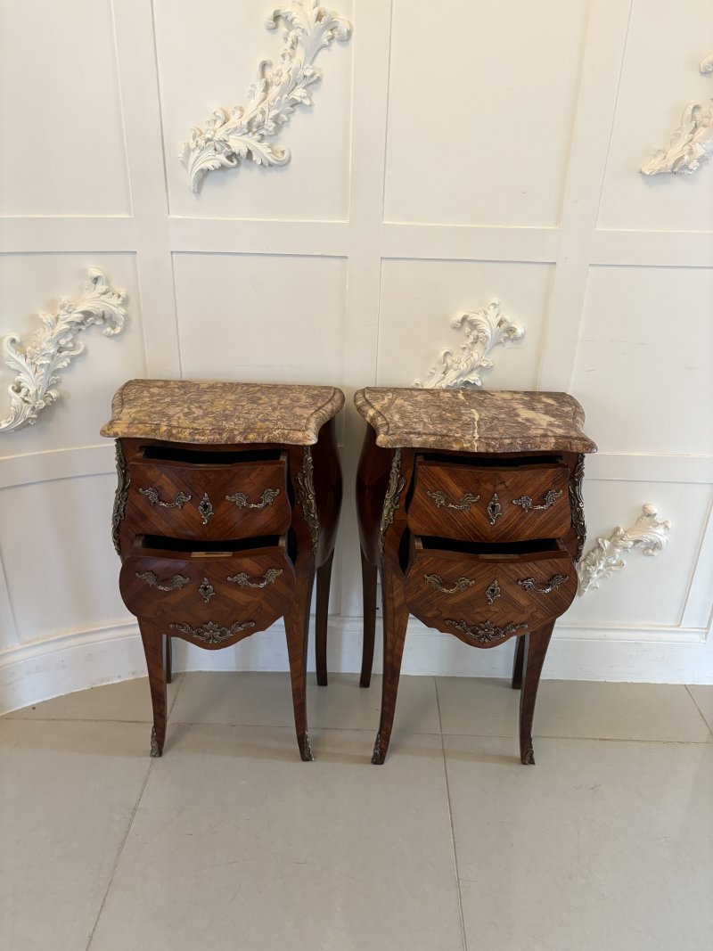 Pair of Antique Quality French Kingwood Marble Top Marquetry Inlaid Bedside Cabinets - Image 4